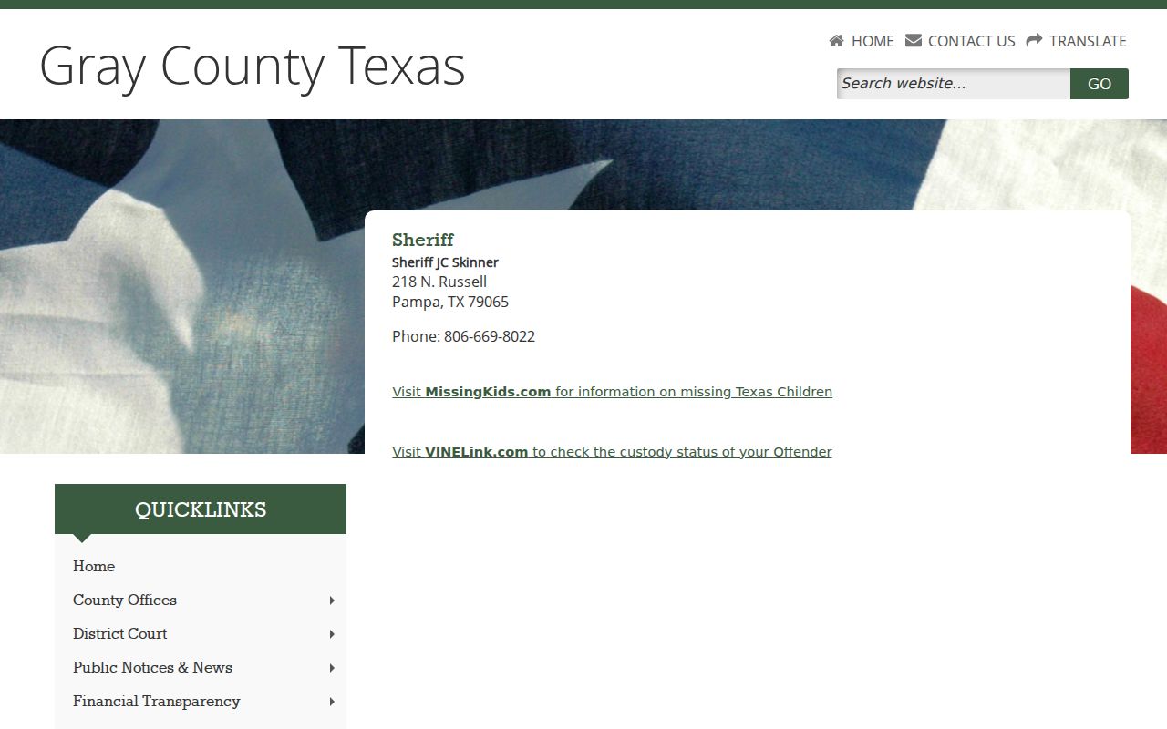 Gray County arrest lookup through the official Sheriff contact page