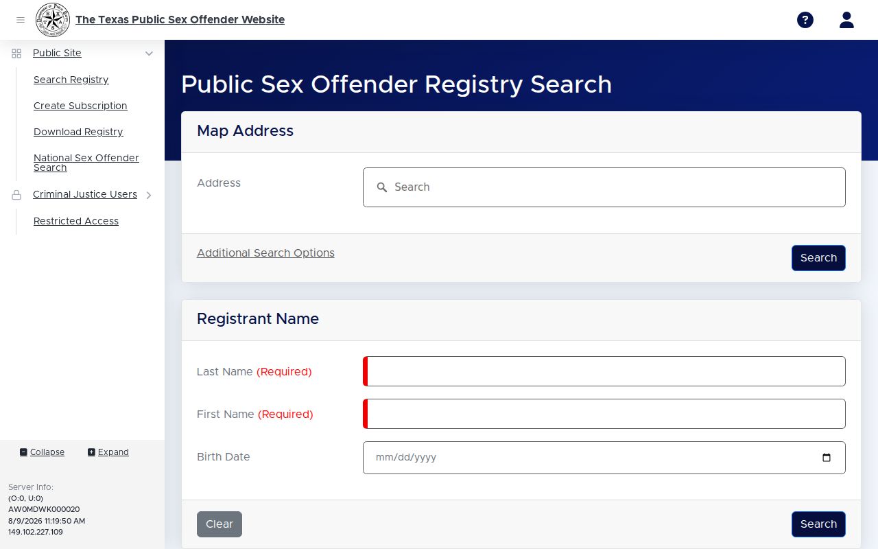 Gray County sex offender registry search interface