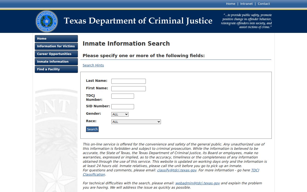 Gray County criminal records TDCJ inmate custody search